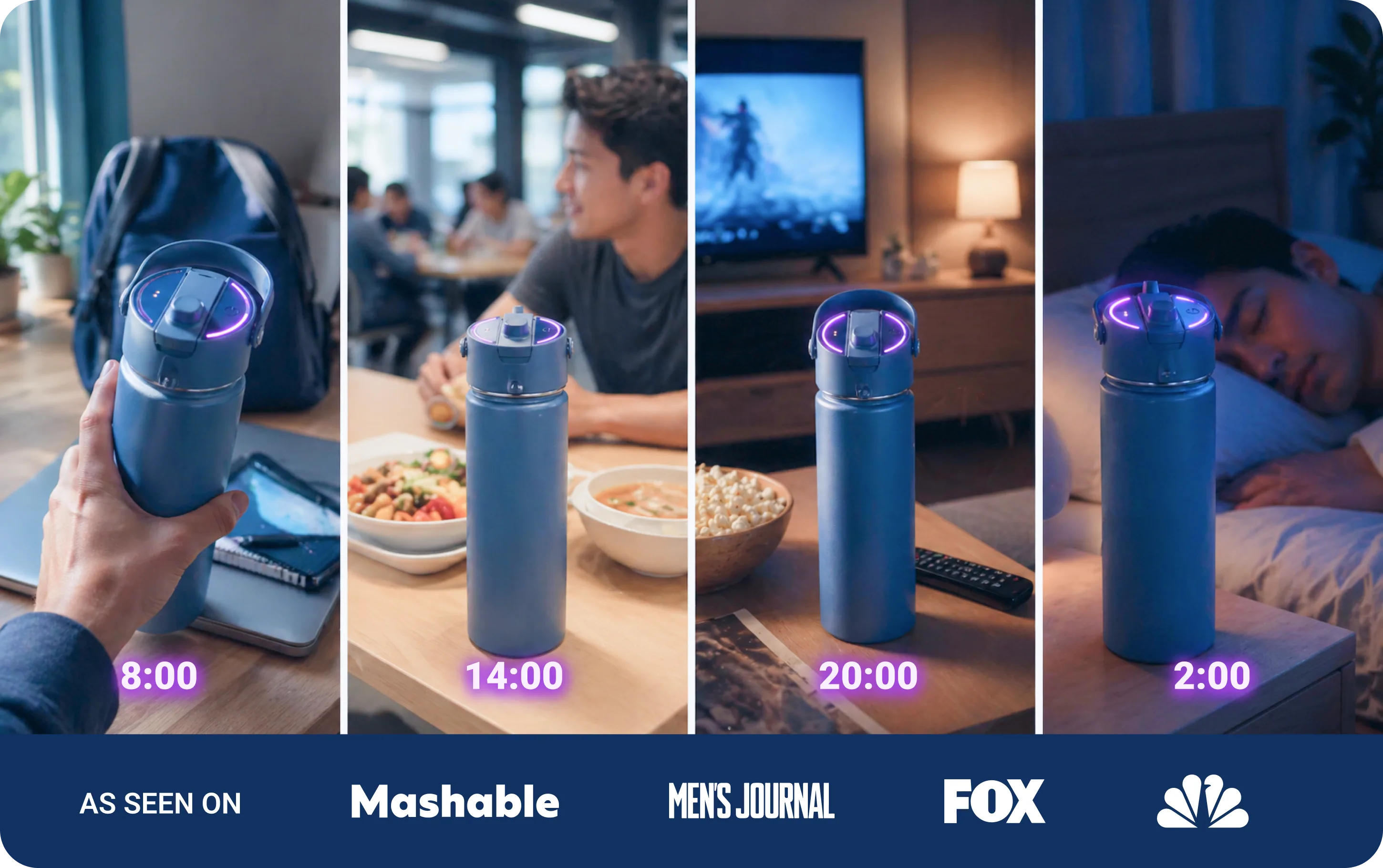 Beam+ water bottle on a desk with a timeline showing the 6-hour auto-clean cycle and media logos