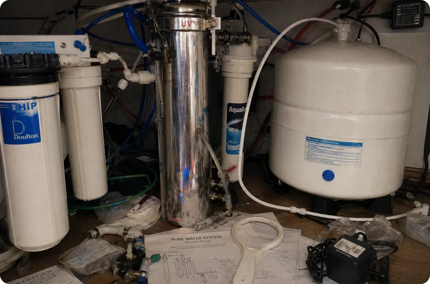 Person surrounded by water filtration gear, looking overwhelmed
