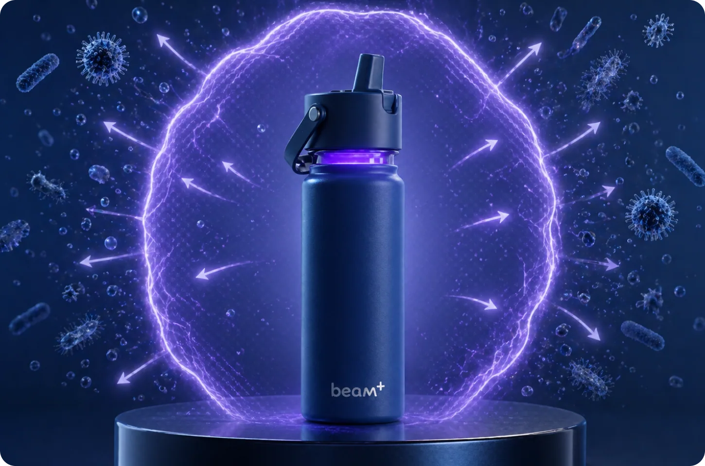 Beam+ bottle glowing with a magenta UV-C cycle indicator